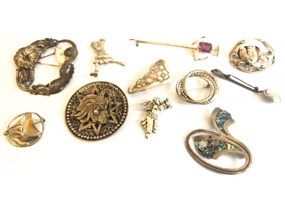 (11) STERLING SILVER BROOCHES AND PINS