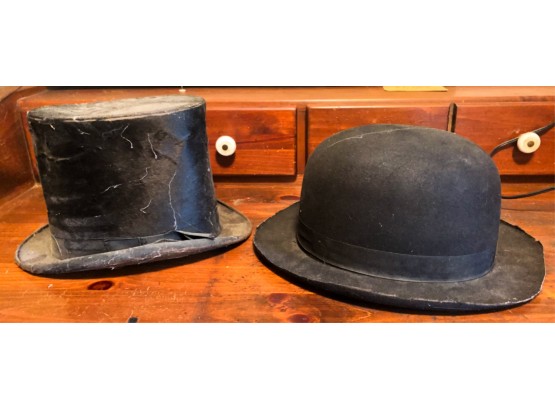 ANTIQUE TOP HAT AND BOWLER HAT