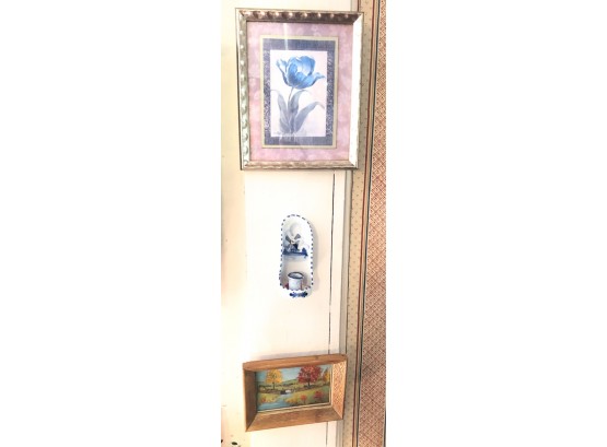 OIL ON BOARD W/ PRINT AND PORCELAIN WALL SCONCE