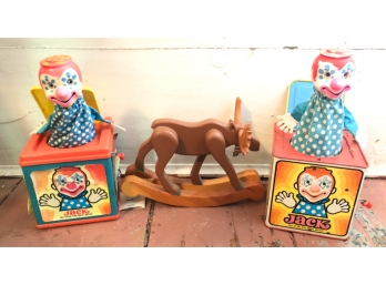 (2) VINTAGE JACK IN THE BOX W/ WOODEN MOOSE TOY