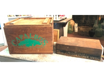 (2) VINTAGE WOODEN BOXES W/ ADVERTISING
