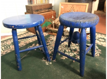 (2) BLUE PAINTED LOW STOOLS