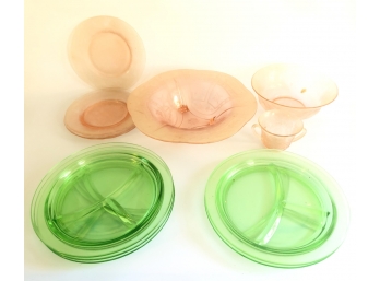 (12) PIECES PINK AND GREEN DEPRESSION GLASS