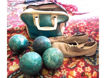 CANDLEPIN BOWLING BALLS W/ VINTAGE BAG AND SHOES