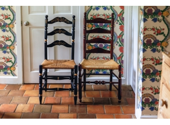 (2) STENCILED LADDER BACK SIDE CHAIRS w RUSH SEATS