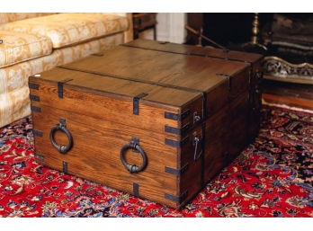CONTEMPORARY IRON BOUND OAK CHEST COFFEE TABLE
