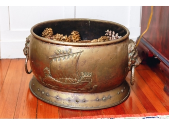 LARGE BRASS CONTAINER  With LION HEAD HANDLES & SHIP