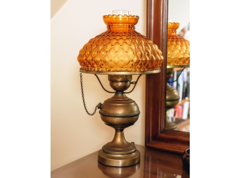 TABLE LAMP w/ QUILTED AMBER SHADE & OIL LAMP BASE