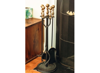 COMPLETE BRASS & WROUGHT IRON FIREPLACE SET