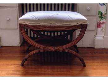 ANTIQUE X FRAME CARVED AND UPHOLSTERED STOOL