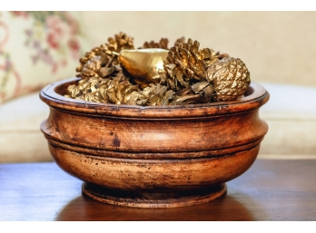 LARGE TURNED CENTERPIECE BOWL with PINECONES etc.