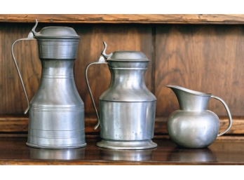 (2) PEWTER MEASURES with LIDS and a PEWTER CREAMER