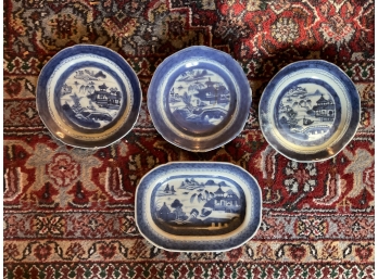 (3) BLUE AND WHITE CANTON PLATES & (1) TRAY