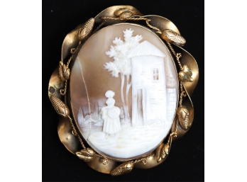 VICTORIAN CAMEO BROOCH WOMAN IN FRONT OF TURRET