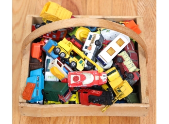 WOODEN BASKET filled with MATCHBOX CARS etc.