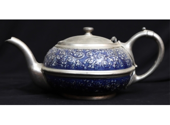 INTERESTING CERAMIC TEAPOT with PEWTER MOUNTS