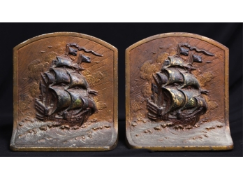 PAIR OF CAST IRON GALLEON BOOKENDS