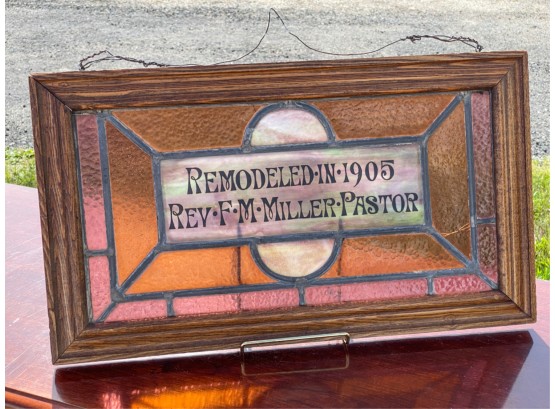 LEADED GLASS TRANSOM WINDOW 'F.M. MILLER PASTOR'