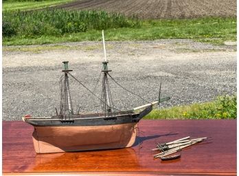 ANTIQUE PAINTED AND RIGGED SHIP MODEL