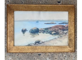 ANTIQUE WATERCOLOR 'TRANQUIL COAST WITH BOAT'