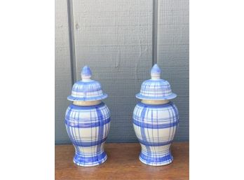 PAIR OF COVERED PORCELAIN JARS WITH BLUE BANDING