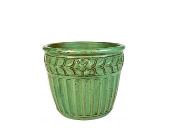 ARTS & CRAFTS MATTE GREEN & FLORAL DECORATED PLANTER
