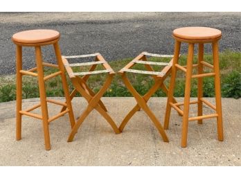 PAIR OF SWIVEL BARSTOOLS AND TRAY TABLES