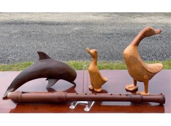 (3) WOODEN FIGURINES AND RECORDER