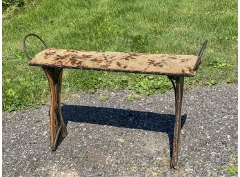 19th c PAINTED WAGON SEAT w WROUGHT IRON HANDLES