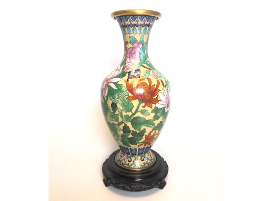 ASIAN CLOISONNE VASE With FLORAL MOTIF & STAND