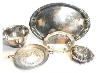 ASSORTMENT OF SILVER PLATED TRAYS, BOWLS, BUTTER DISH