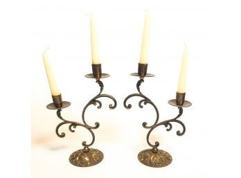 PAIR OF (2) LIGHT CANDLESTICKS W/ SCROLLED ARMS