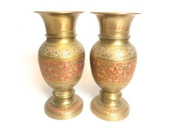 PAIR OF BRASS VASES W/ PIGMENTED HIGHLIGHTS