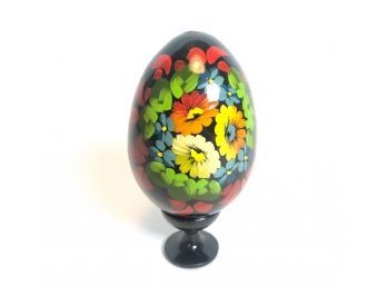 RUSSIAN WOODEN EGG HAND PAINTED W/ FLORAL MOTIF