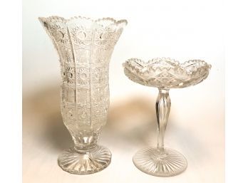 HEAVY CUT GLASS COMPOTE (that Rings) AND GLASS VASE