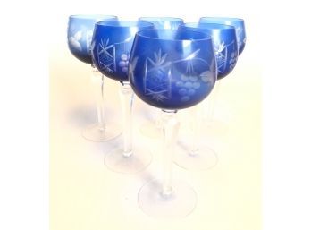 (6) MURANO BLUE CUT TO CLEAR WINE GLASSES