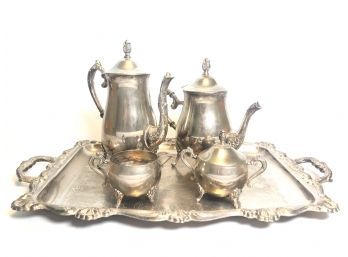 (4) PIECE SILVER PLATED TEA SET AND TRAY