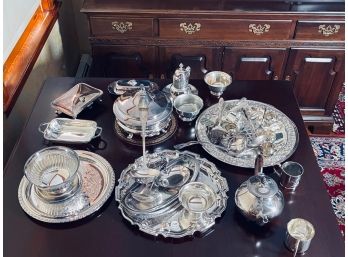MASSIVE TABLE LOT OF VINTAGE SILVER PLATE