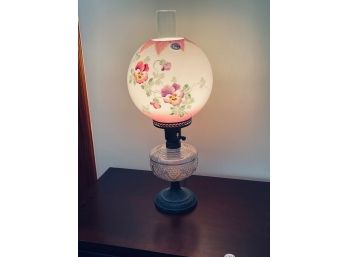 OIL LAMP WITH FLORAL SHADE, ELECTRIFIED