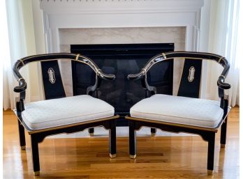 PAIR CHINESE STYLE BRASS BOUND LACQUERED ARMCHAIRS