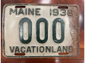 c 1938 '000'  MAINE MOTORCYCLE LICENSE PLATE