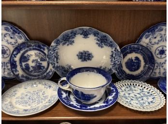 (11) PCS ANTIQUE FLOW BLUE AND TRANSFER CHINA
