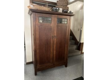 LATE 20THc MISSION STYLE GLAZED TOP (2) DOOR CUPBOARD