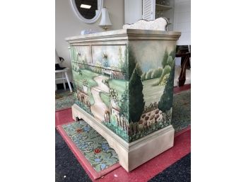 LATE 20THc SCENIC PAINT DECORATED CHEST OF DRAWERS