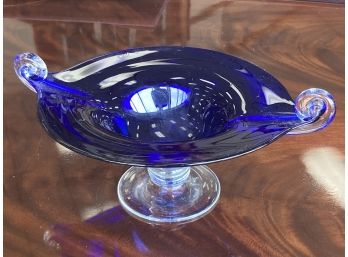 20THc COBALT BLUE AND CLEAR GLASS HANDLED COMPOTE