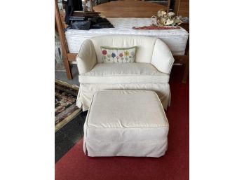 20THc NICELY SLIP COVERED LOVESEAT AND FOOTSTOOL