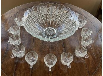 VINTAGE PRESSED GLASS PUNCH BOWL W/ (16) CUPS