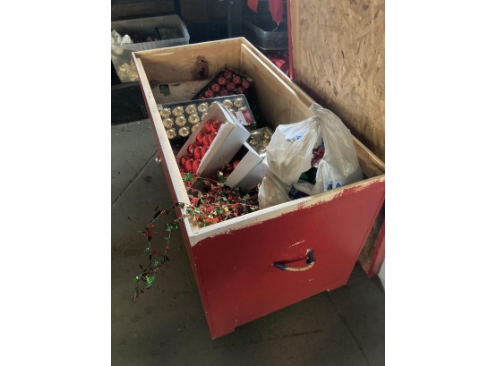 LARGE CHEST W/ CHRISTMAS DECORATIONS & (2) TUBS