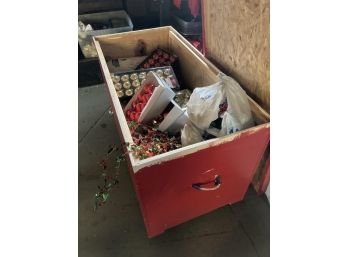 LARGE CHEST W/ CHRISTMAS DECORATIONS & (2) TUBS
