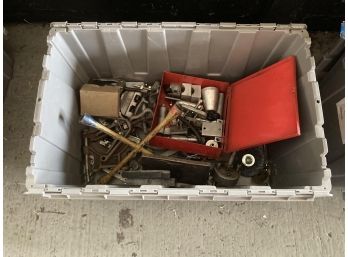 TUB OF MOSTLY STEEL PARTS AND PIECES